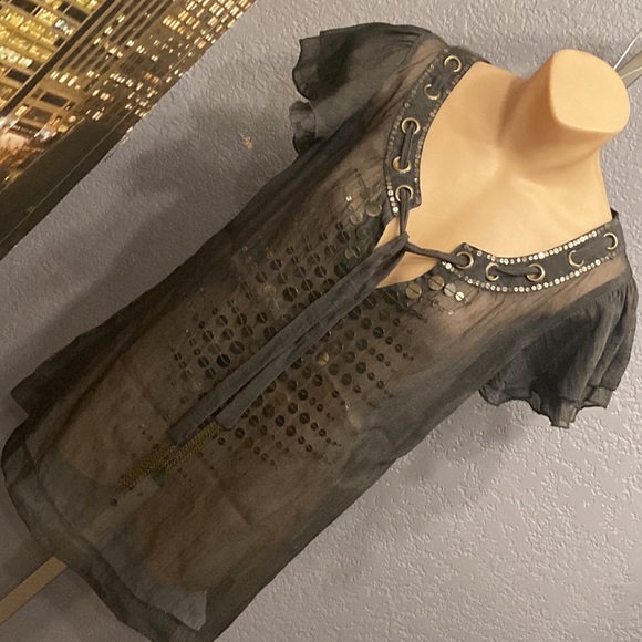 CECICO - sheer top: grey short ruffle sleeves, gold sequins & neck tie - L - Picture 16 of 16